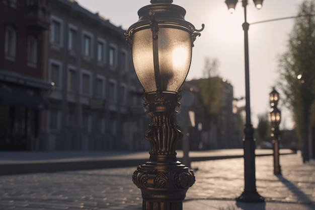 Foto uma luz de rua em um poste na frente de um prédio