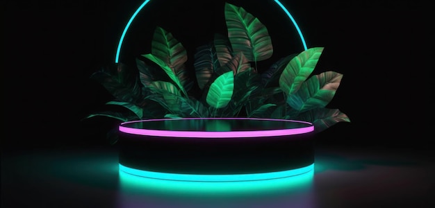 Uma luz neon com uma planta ao fundo