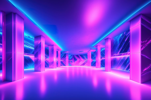 Uma luz neon é acesa em uma sala escura com fundo roxo.