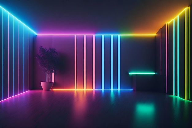 Uma luz neon em um quarto escuro com uma planta no canto.