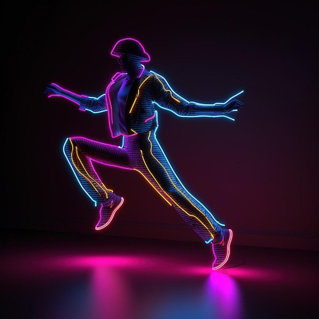 Uma luz neon iluminada com um homem dançando
