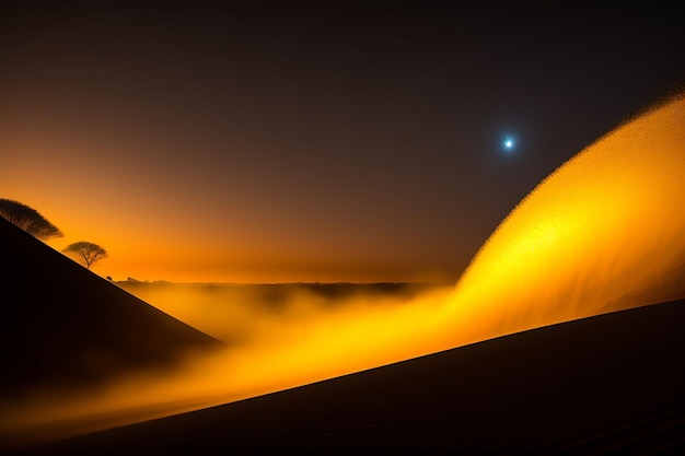 Uma luz no deserto é visível através das nuvens.