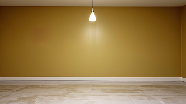 Foto uma luz pendurada de um teto com uma parede amarela que diz 