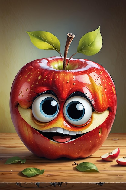 Foto uma maçã com um grande sorriso e uma folha verde
