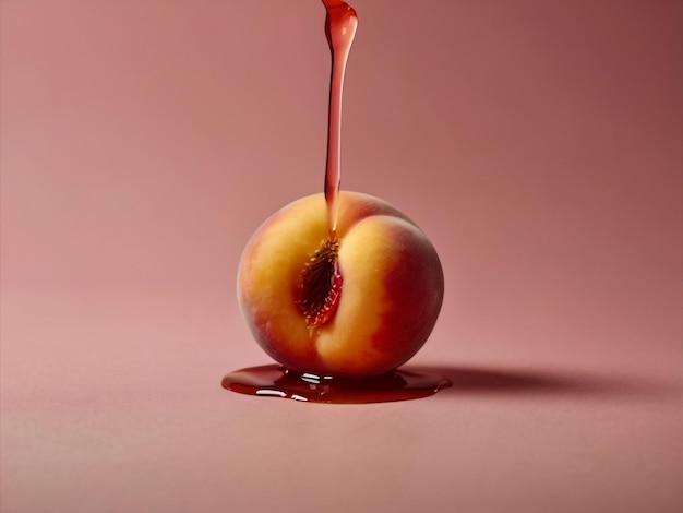 uma maçã com um líquido vermelho a escorrer