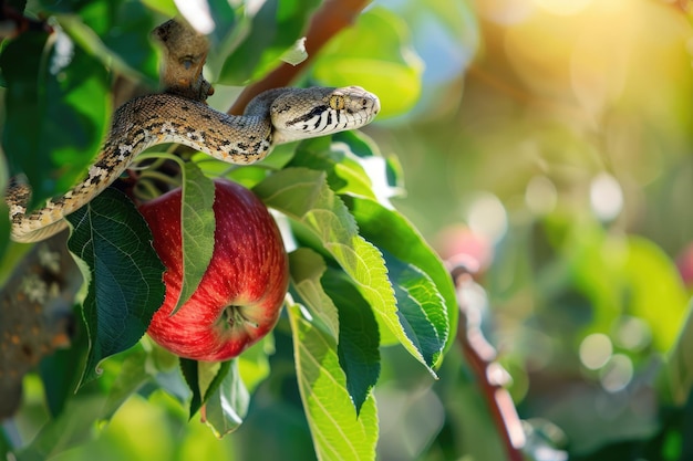 Uma maçã com uma cobra ao lado de uma maçã carmesim simbolizando o pecado original Generativo Ai