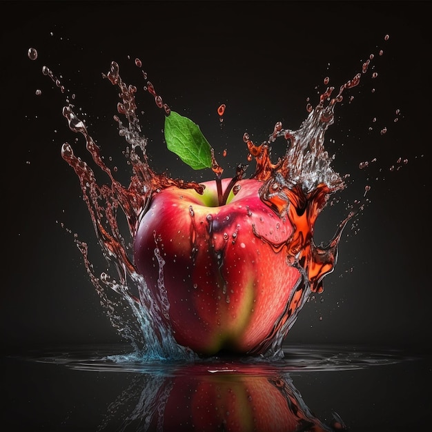 Uma maçã com uma folha que está sendo salpicada pela água.