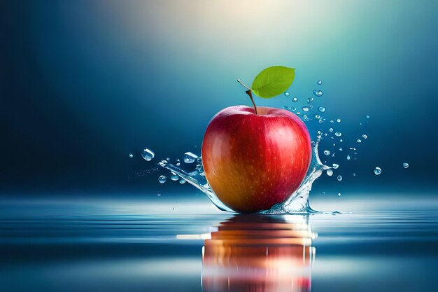 Uma maçã com uma folha verde está na água