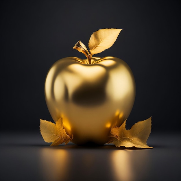 Uma maçã dourada com folhas e um fundo preto.