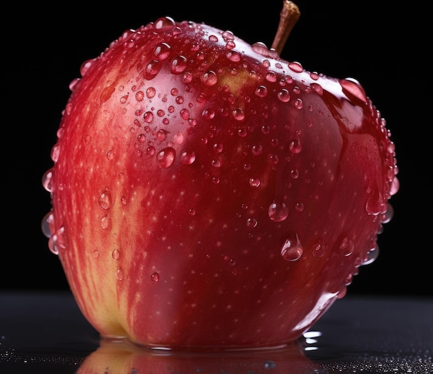 Uma maçã é coberta de gotas de água em uma superfície preta ai