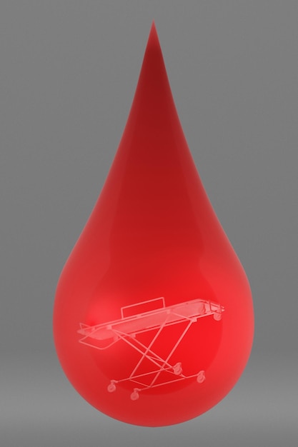Uma maca em uma renderização 3d de gota de sangue transparente vermelha