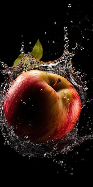 Uma maçã está caindo em um respingo de água.