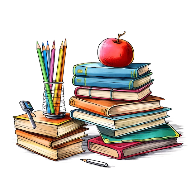 Uma maçã está em cima de uma pilha de livros com lápis.