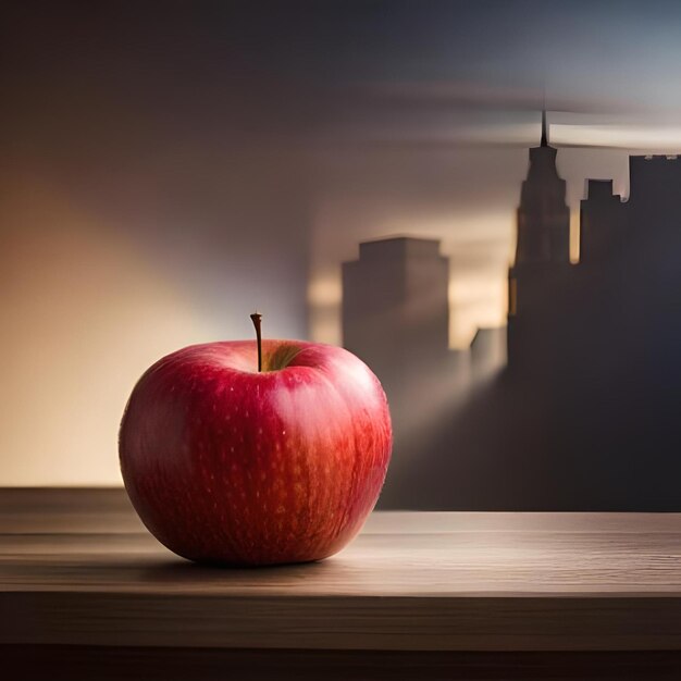 Uma maçã está sobre uma mesa com uma cidade ao fundo.