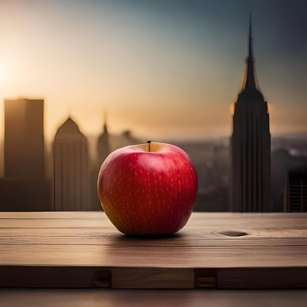 Foto uma maçã está sobre uma mesa em frente ao horizonte de uma cidade.