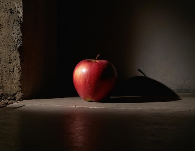 uma maçã solitária num lugar escuro