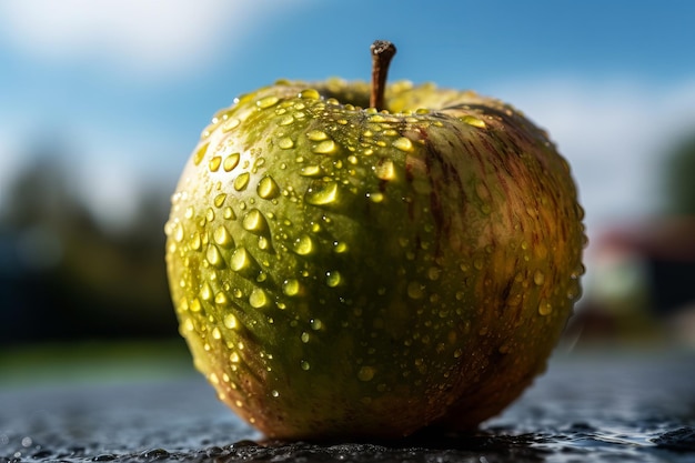 Uma maçã verde com gotas de água