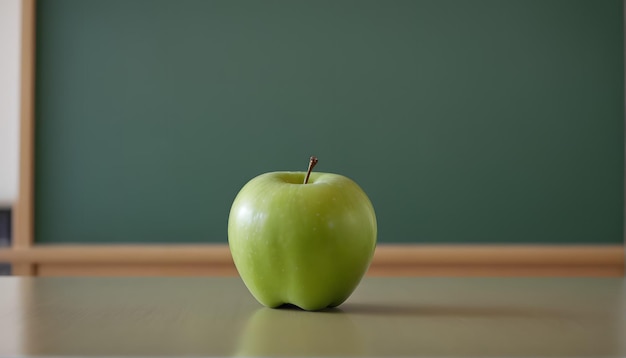 uma maçã verde com um fundo castanho e uma mação verde na mesa