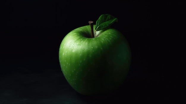 Foto uma maçã verde com uma folha nela