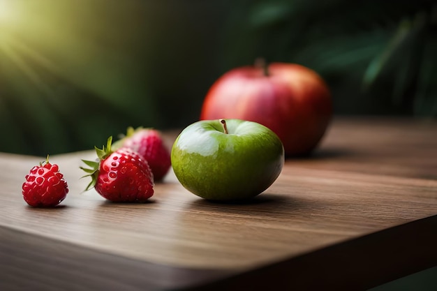 Uma maçã verde está sobre uma mesa com dois morangos sobre ela.