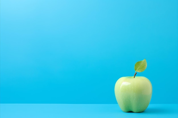 Uma maçã verde sobre um fundo azul o conceito de odontologia