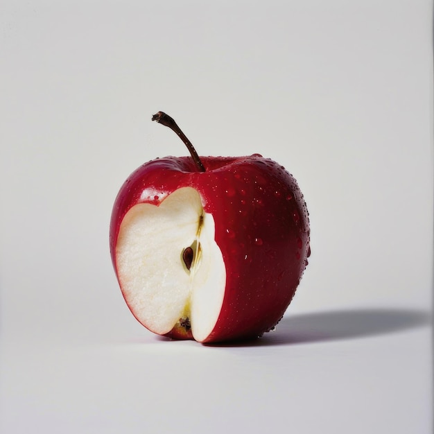 Uma maçã vermelha brilhante com uma única mordida tirada em branco