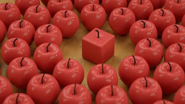 Uma maçã vermelha cercada por maçãs vermelhas com uma vela no meio