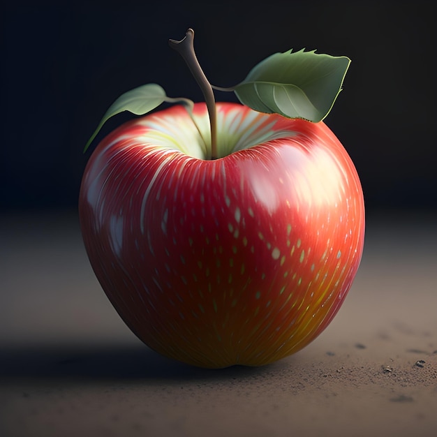Uma maçã vermelha com folhas verdes está sobre uma mesa.
