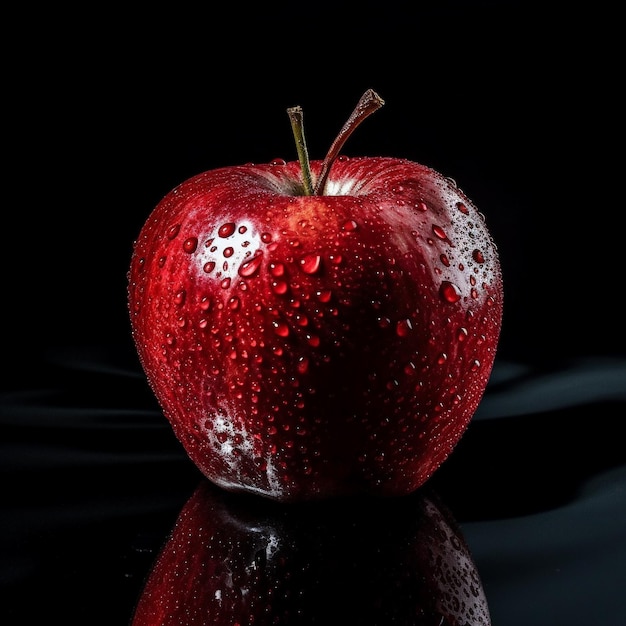 Uma maçã vermelha com gotas de água e gotículas de água.