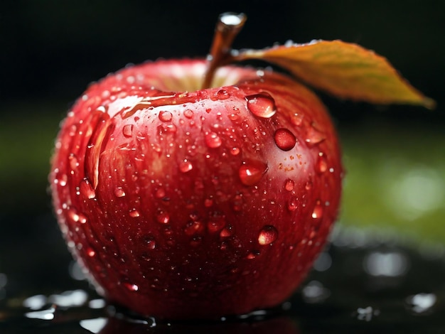 uma maçã vermelha com gotas de água sobre ela e uma folha que diz gotas de agua