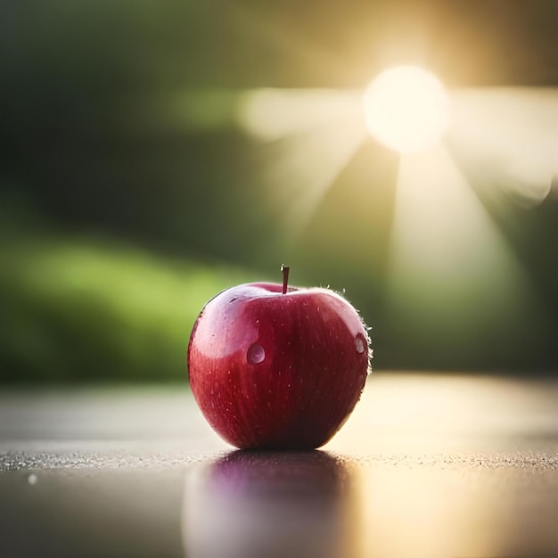 Uma maçã vermelha com o sol a brilhar atrás dela.