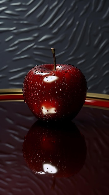 uma maçã vermelha com um gato branco no fundo.