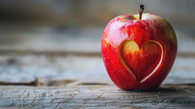 Uma maçã vermelha com um recorte em forma de coração em superfície de madeira simbolizando o amor saudável