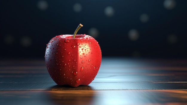 Uma maçã vermelha em uma mesa de madeira com água cai sobre ela