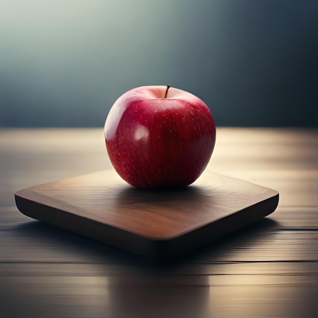 Uma maçã vermelha em uma mesa de madeira com um fundo escuro