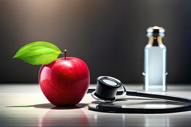 Uma maçã vermelha está sobre uma mesa ao lado de um estetoscópio e um frasco de estetoscópio.