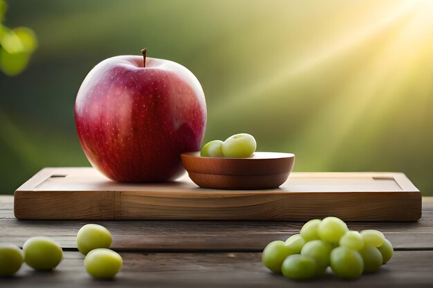 Uma maçã vermelha está sobre uma mesa ao lado de uma tigela de uvas.