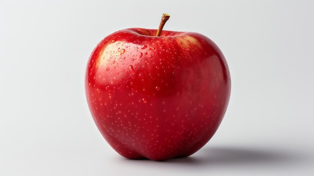 Uma maçã vermelha fresca com gotas de água na superfície