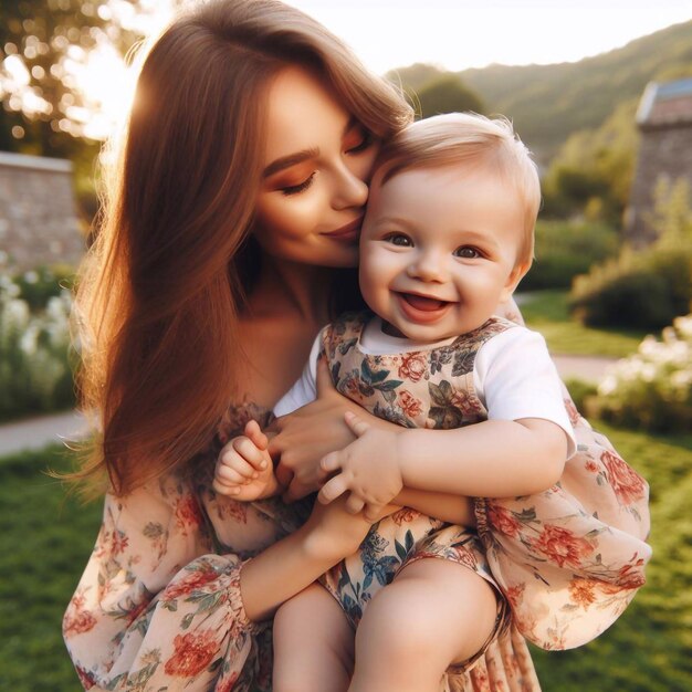 Foto uma mãe abraçando e beijando seu filho com amor e ternura