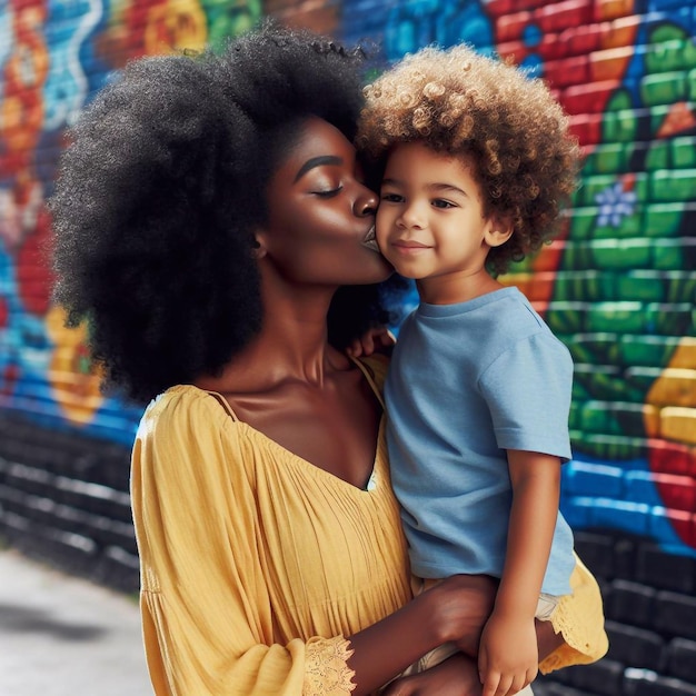 Uma mãe abraçando e beijando seu filho com amor e ternura