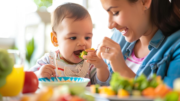 Uma mãe alimentando seu bebê com um prato de frutas e legumes