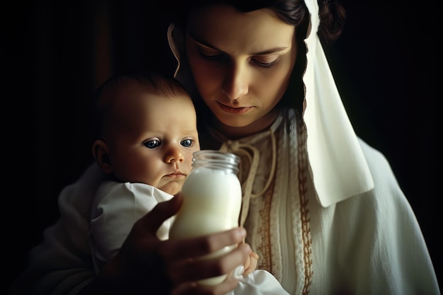 Uma mãe alimentando seu bebê com uma mamadeira