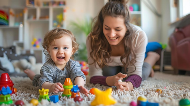 Uma mãe amorosa brinca com seu bebê no chão. Ambos estão sorrindo e parecem estar gostando de seu tempo juntos.