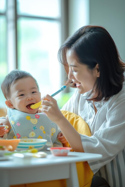 Uma mãe asiática carinhosa alimenta delicadamente seu bebê curioso com uma colher, compartilhando um momento de vínculo e aprendizado durante as refeições