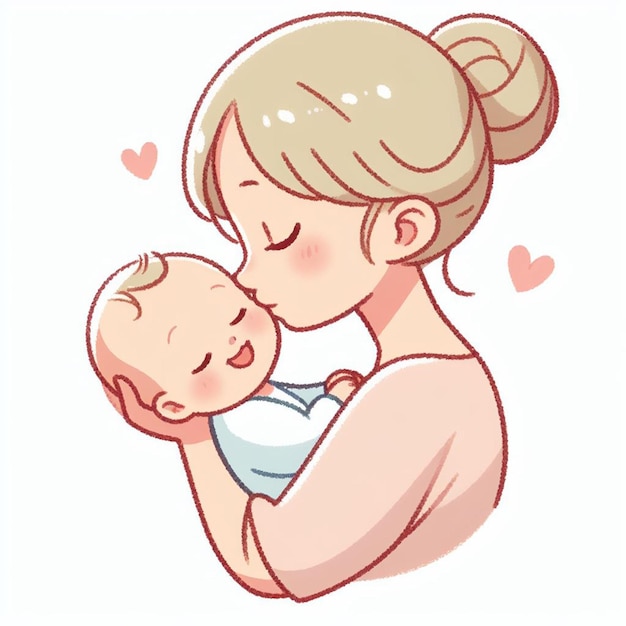 uma mãe beijando seu bebê em uma camisa rosa