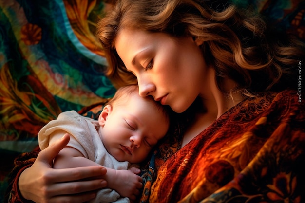 Uma mãe caucasiana e seu bebê recém-nascido compartilhando um sono tranquilo
