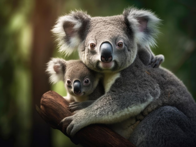 Uma mãe coala com seu bebê na floresta