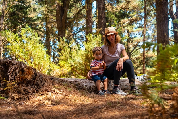 Uma mãe com seu filho sentado em uma árvore na natureza ao lado de pinheiros madeira portugal