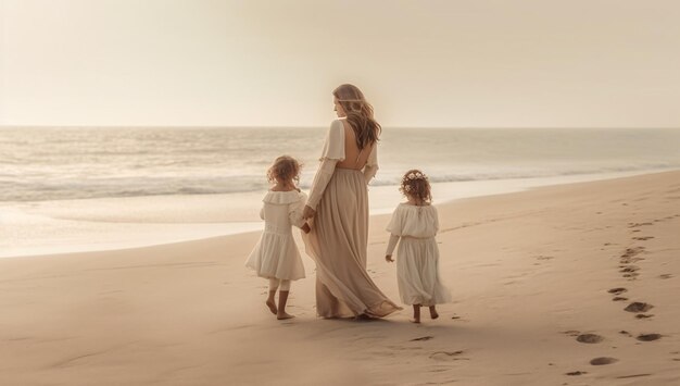 Uma mãe com seus filhos caminha na praia de uma bela costa em tom pastel suave