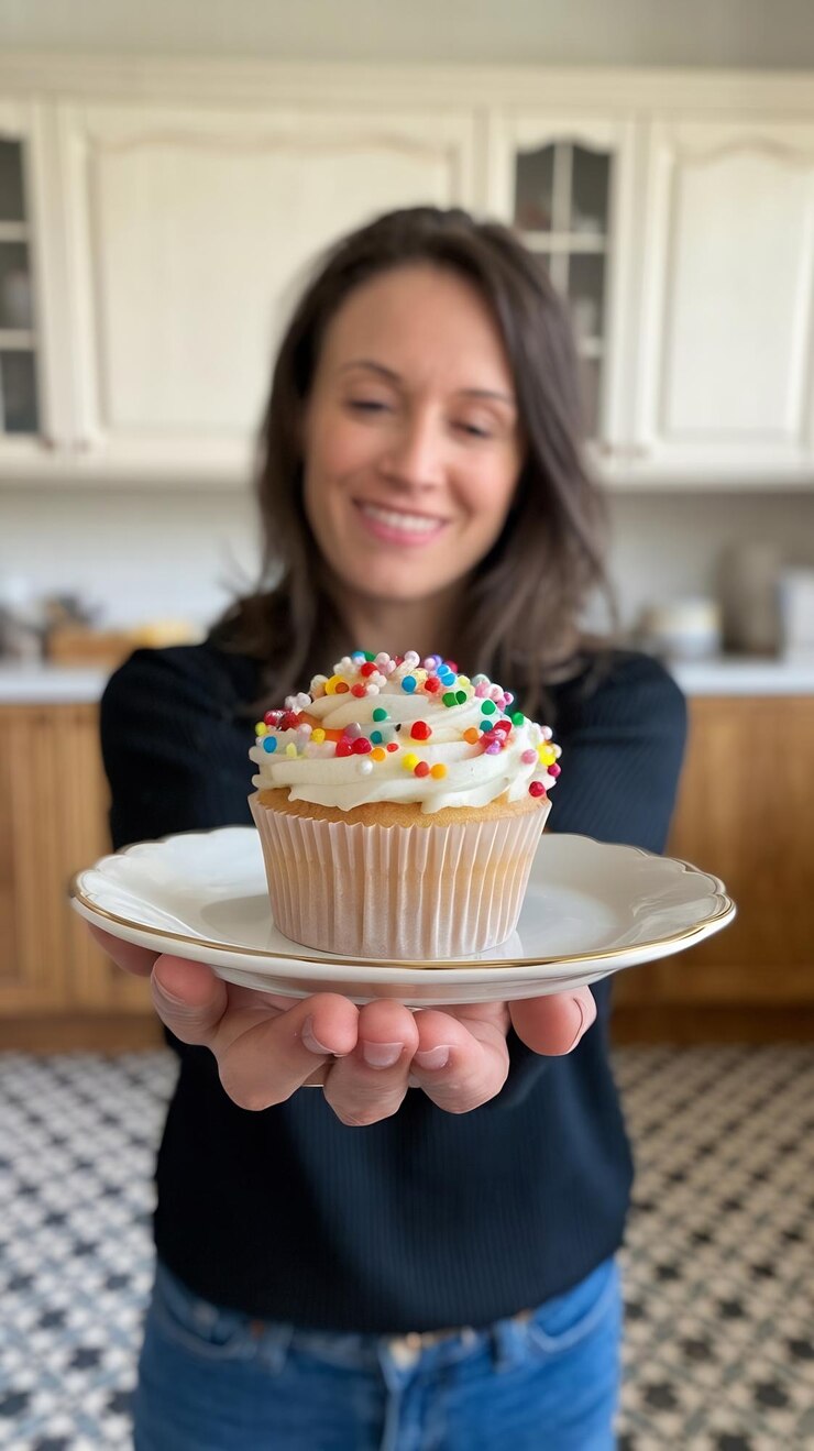 Foto uma mãe com um cupcake na mão.
